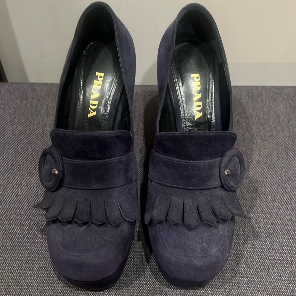 For Sale: Prada Navy Suede Loafers with Fringe Detail (Size 37)